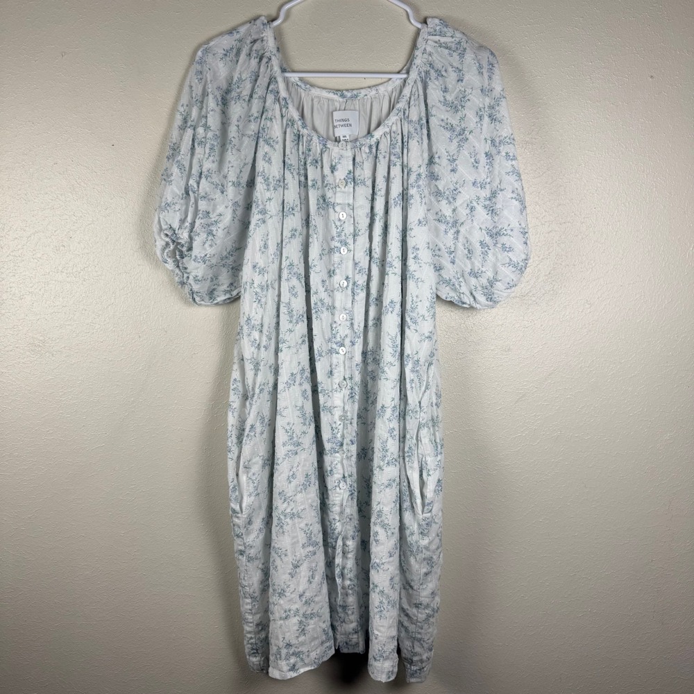 Things Between Blue Floral Cotton Eyelet Puff Sleeve Button Front Dress‎ XXXL